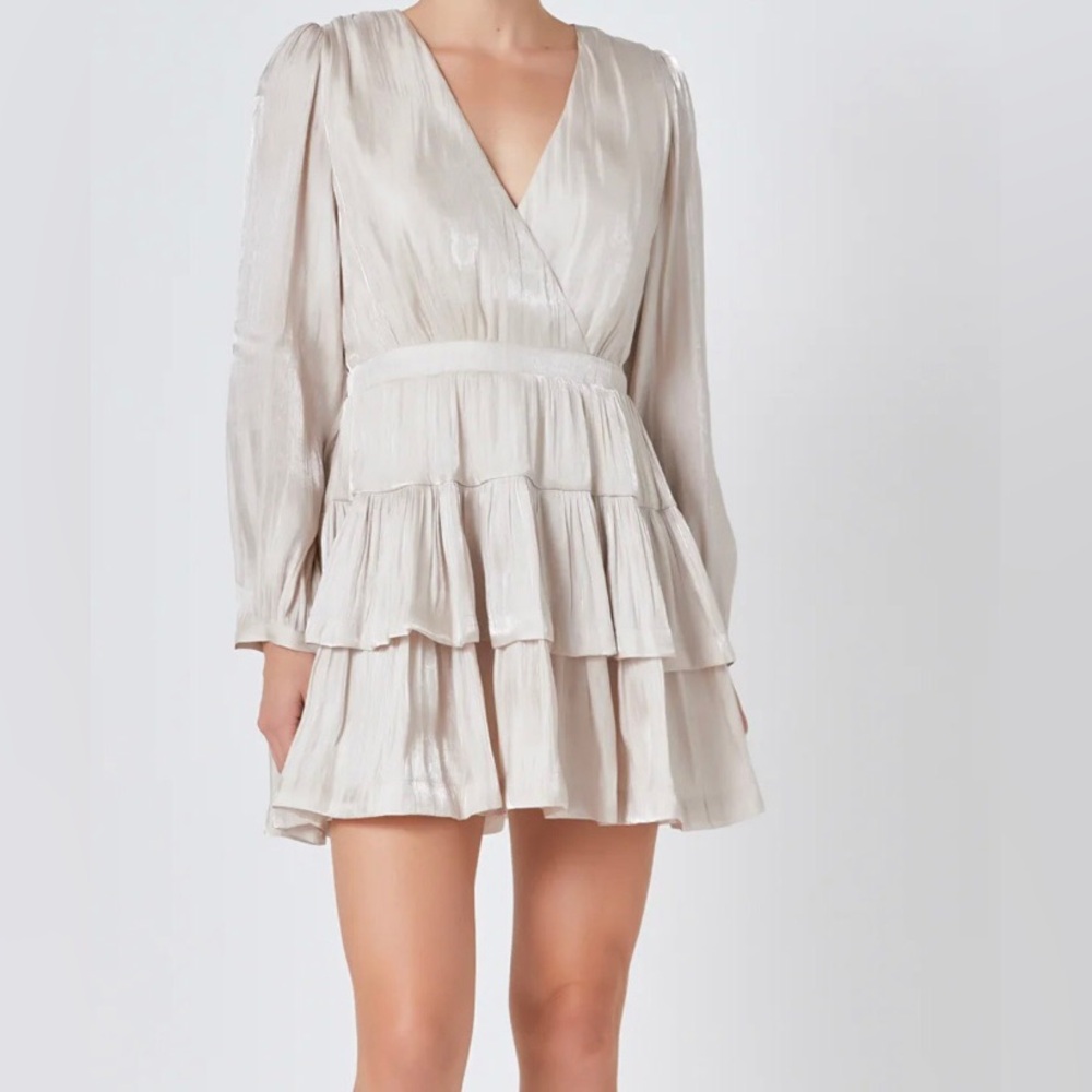 endless‎ rose XS Size Satin Metallic Taupe Cream Long Sleeve Tiered Mini Dress